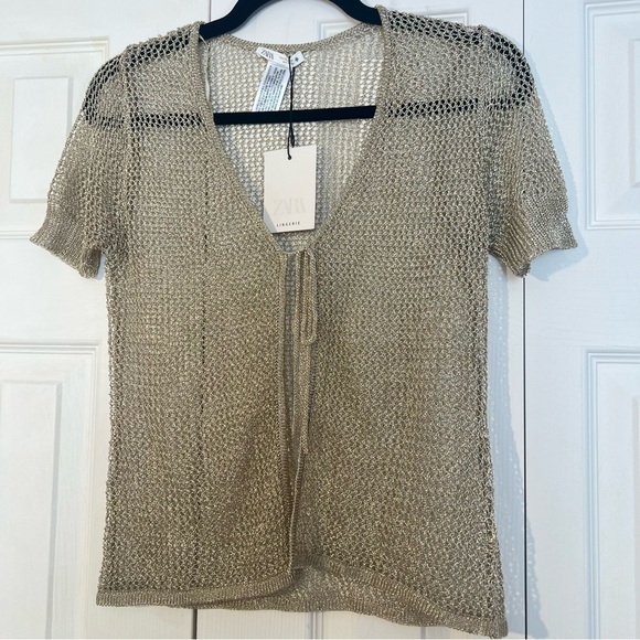 ZARA Gold-tone metallic thread mesh tie-front women’s short jacket. M NWT - Picture 8 of 10